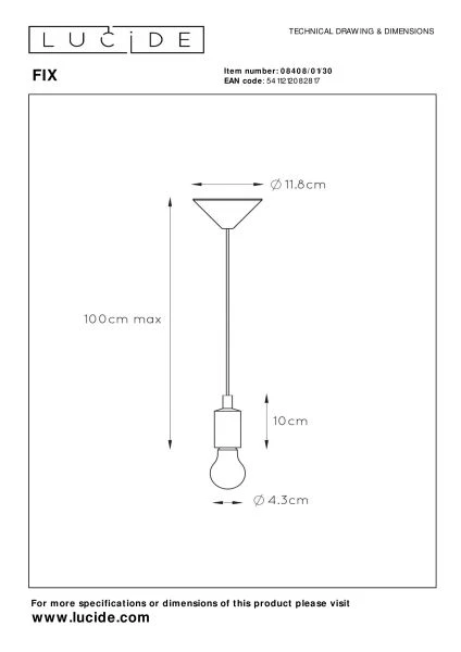 Lucide FIX - Lámpara colgante - Ø 10 cm - 1xE27 - Negro - técnico